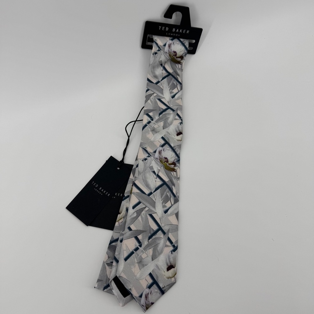 Ted Baker London Men Geo Floral Silk Necktie White Grey Made in Italy MXT-SADDLE